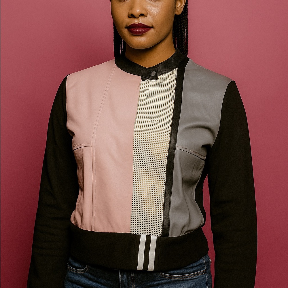 AVIU leather gorgeous light jacket,pink gray mesh stunning